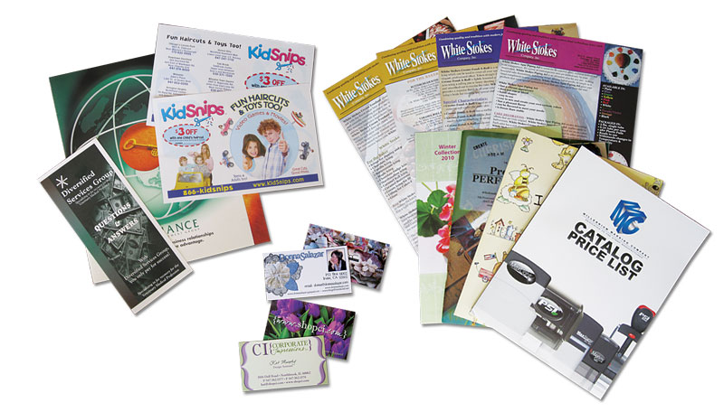 business cards, letterhead, envelopes, brochures, newsletters and flyers,large format prints and posters, booklets and magazines, presentation folders, labels, CD covers and notepads